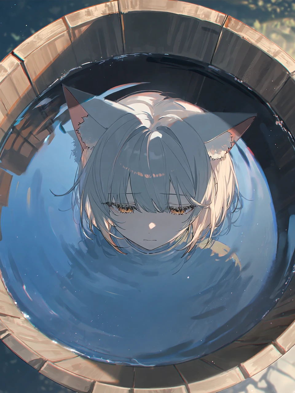 桶を真上から覗き込み、水面に映る自分の悲しげな顔を見つめる猫耳の少年
