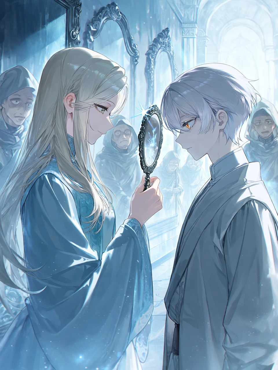 小さな手鏡を静かに掲げ、合わせ鏡の仕組みを語るミシャラと、それを見つめるショウ